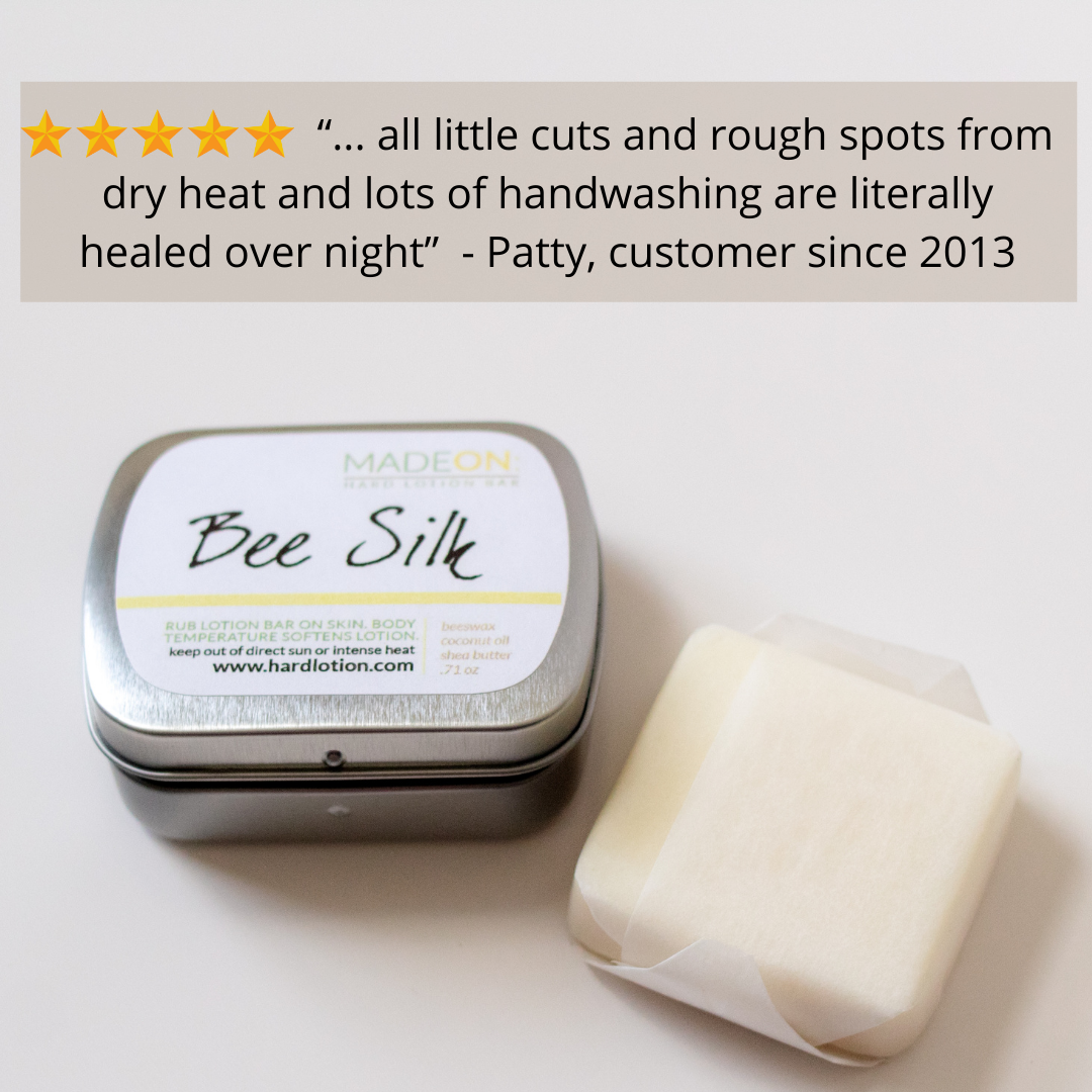 Beesilk lotion bar for dry skin on white background with text overlay of a 5 star customer review