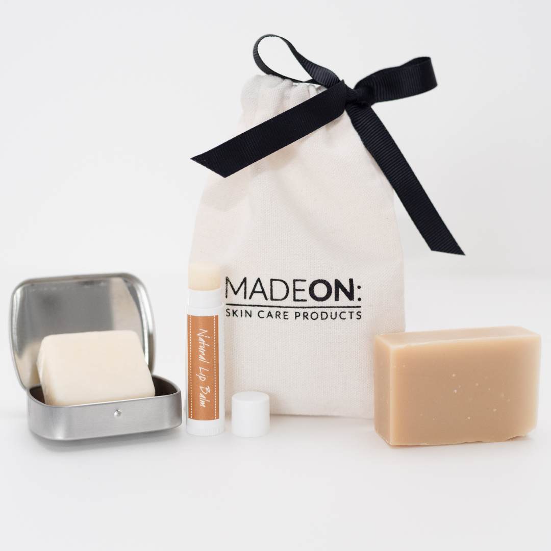 beesilk lotion bar, natural lip balm, half bar soap in gift bag