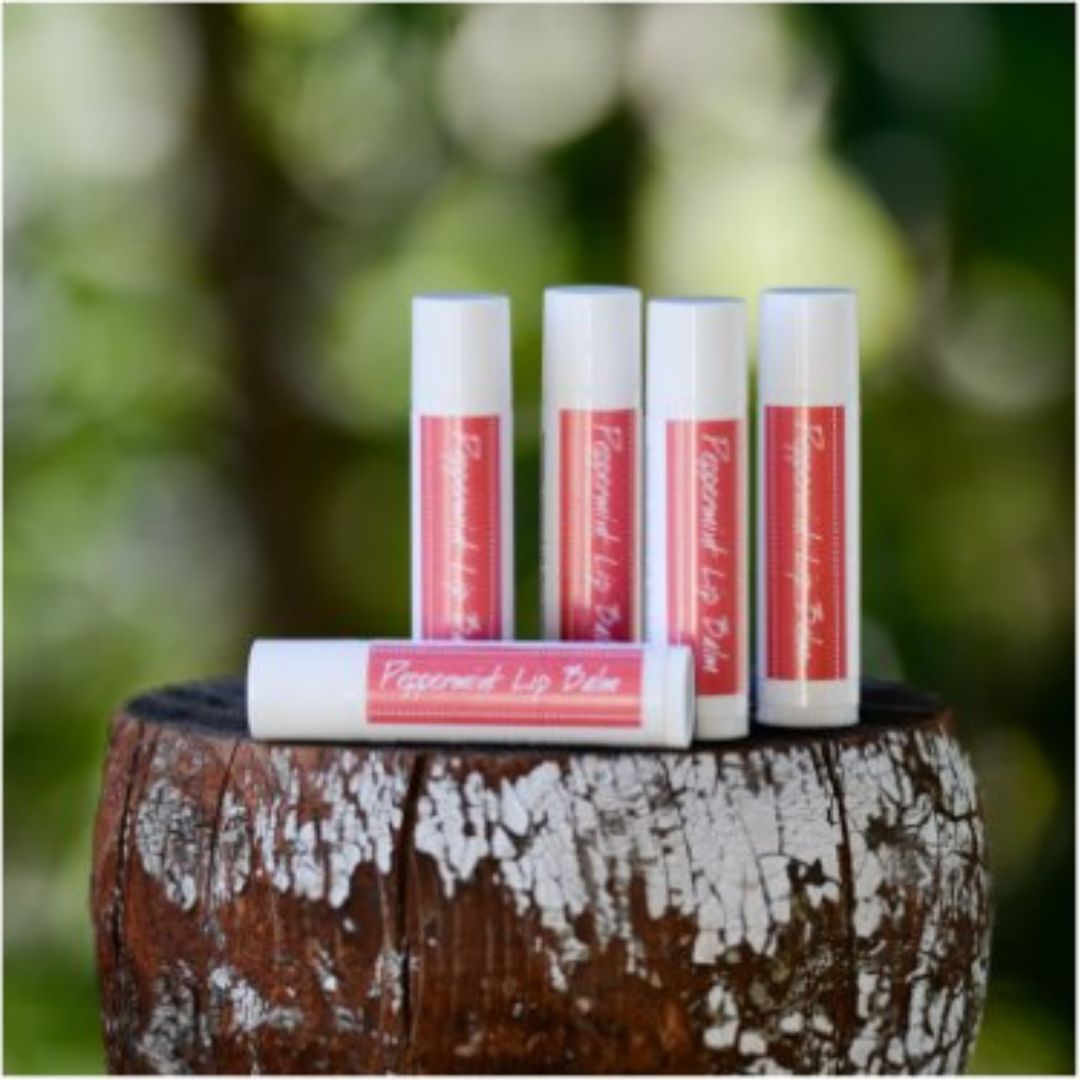 5 peppermint lip balms on a log