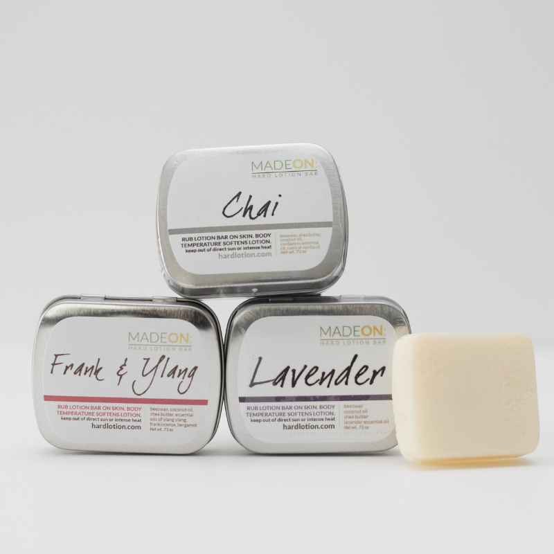 3 scented lotion bars: chai, frank & ylang and lavender
