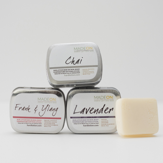 3 scented lotion bars for dry skin: chai, frank & ylang and lavender