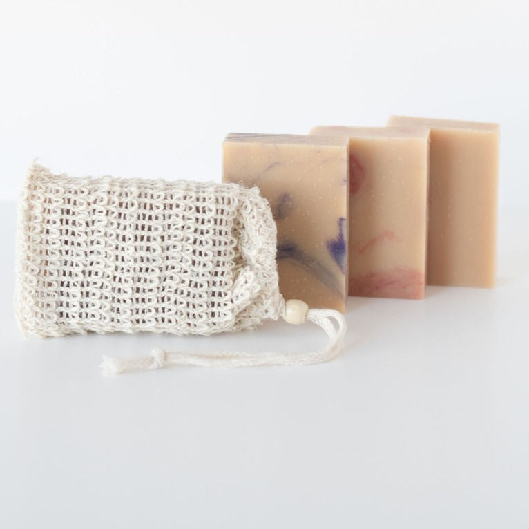 3 bars of goat milk soap with mesh bag