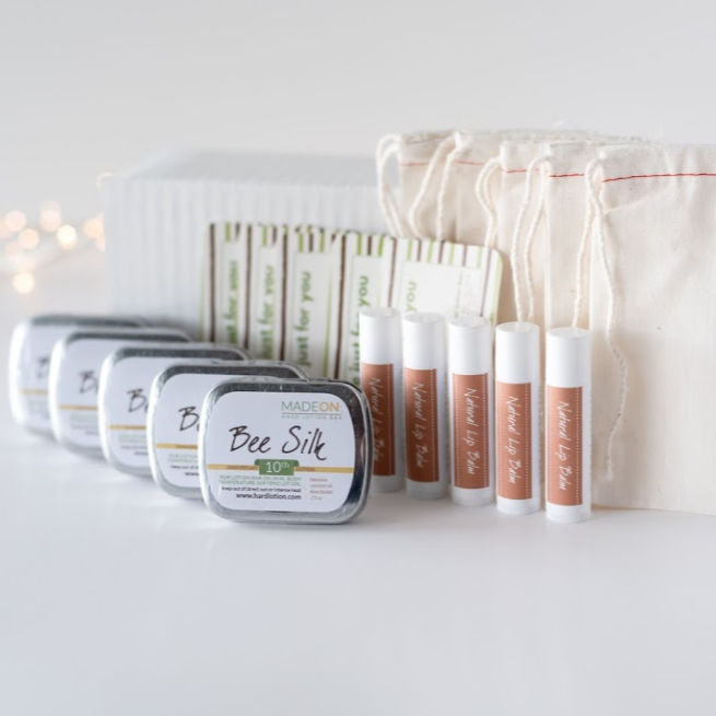 Gift Packs: 5 Beesilk Lotion Bars, 5 Natural lip balms, how-to instructions and gift bags