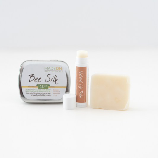 beeswax-based beesilk lotion bar and natural lip balm made with just 3 all-natural ingredients