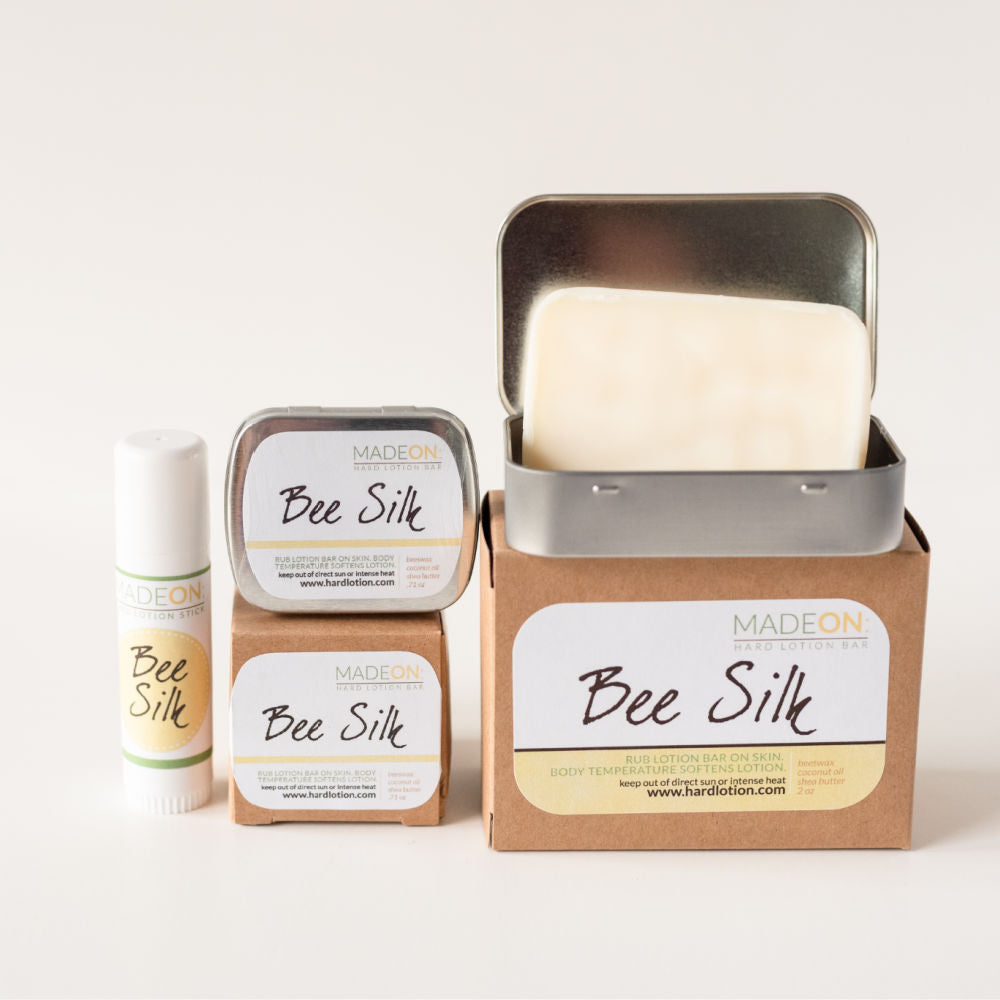 Beesilk hard lotion bar comes in various sizes, from a soap size to lotion bar in a stick.