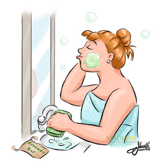 cartoon of woman washing with avocado goat milk soap by MadeOn