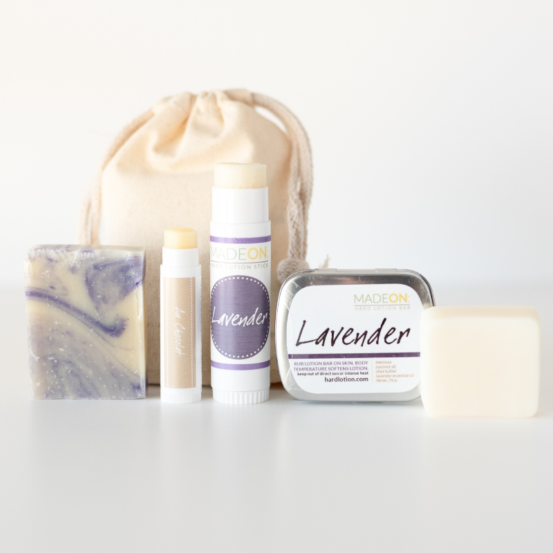 lavender soap guest size, au chocolat lip balm, lavender lotion stick, lavender lotion bar with a gift bag