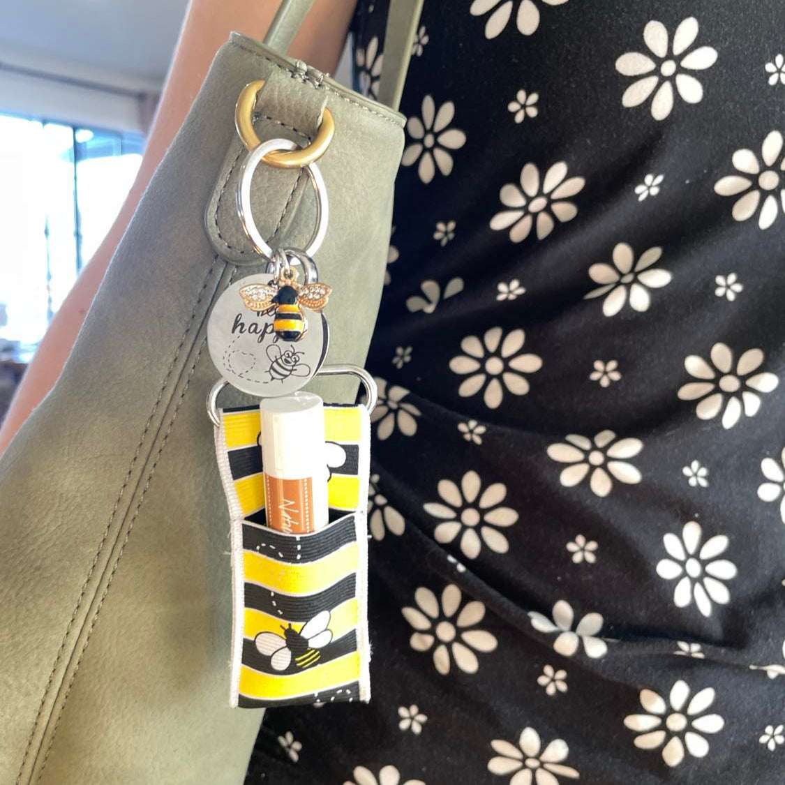 bee keychain with lip balm holder 