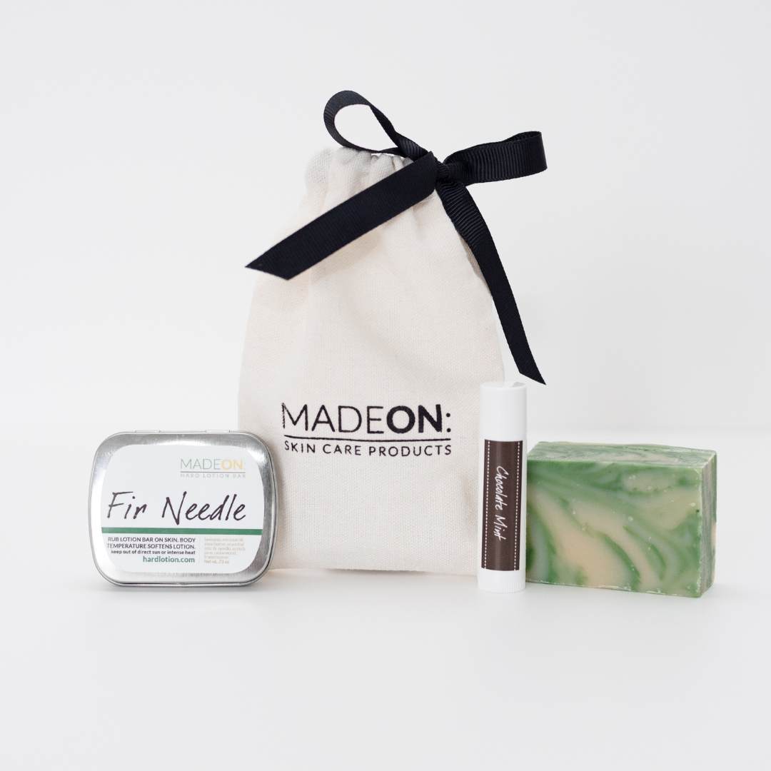 fir needle lotion bar, pine soap half bar, chocolate mint lip balm in gift bag