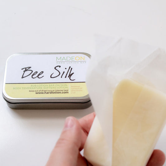 Beesilk full size hard lotion bars come in a tin for easy use. No messy spillage! For dry, cracked skin.