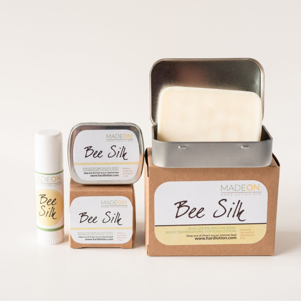 Beesilk hard lotion bar comes in various sizes, from a soap size to lotion bar in a stick. 