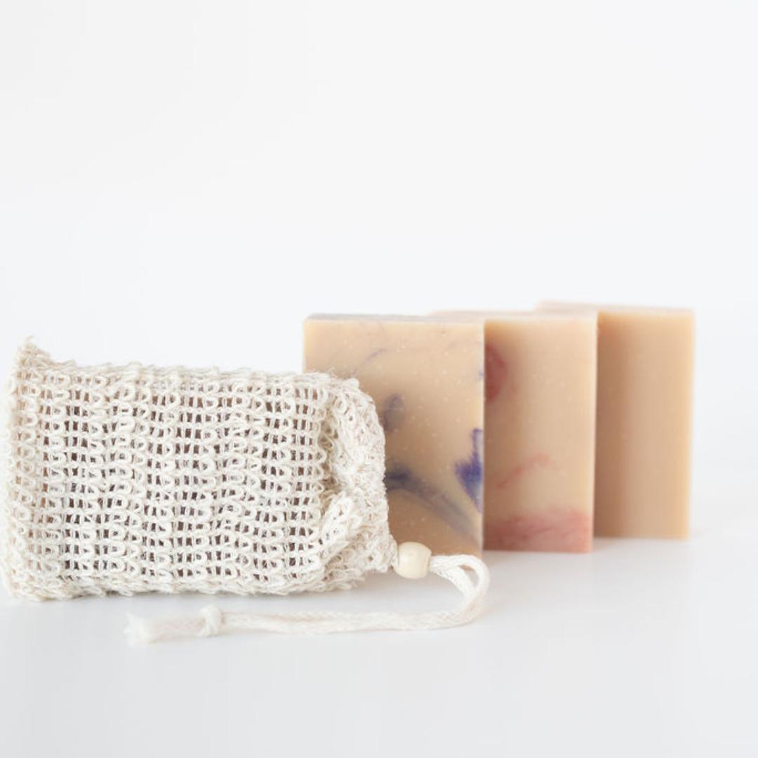 mesh soap bag with 3 bars of soap